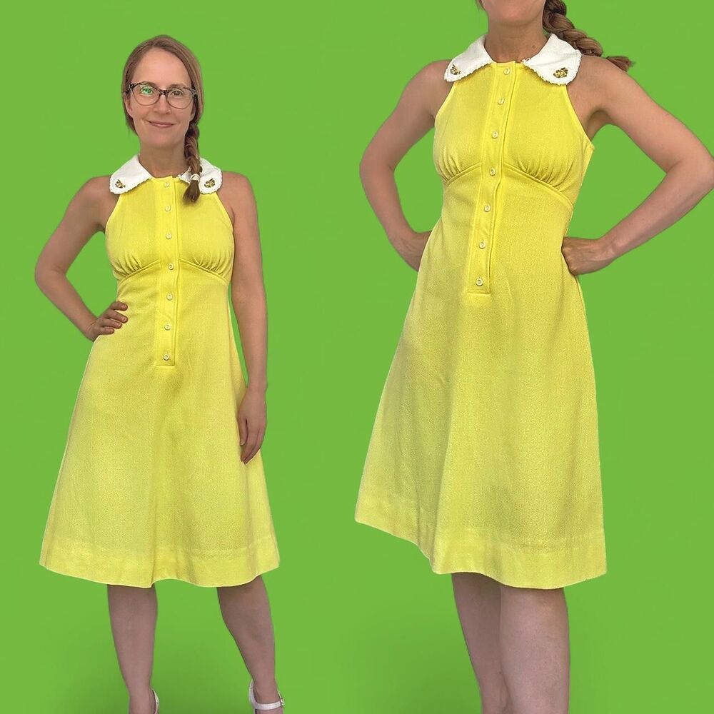 70s Yellow Dress Vintage Summer Collar Sleeveless Jcpenney XS